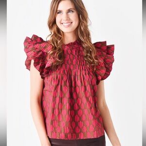 Oliphant Pink and Green Geometric Ruffle Sleeve Blouse S